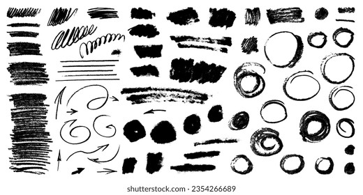 Vector grungy brush arrow set. Rough scribble collection. Hand drawn grunge sketch elements. Charcoal pencil textured lines. Chalk curves, text boxes  and textures. Each element is united and isolated