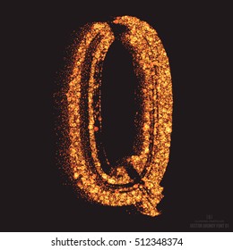 Vector grungy font 001. Letter Q. Abstract bright golden shimmer glowing round particles vector background. Scatter shine tinsel light effect. Hand made grunge shape design element
