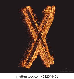 Vector grungy font 001. Letter X. Abstract bright golden shimmer glowing round particles vector background. Scatter shine tinsel light effect. Hand made grunge shape design element