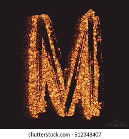 Vector grungy font 001. Letter M. Abstract bright golden shimmer glowing round particles vector background. Scatter shine tinsel light effect. Hand made grunge shape design element