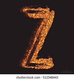 Vector grungy font 001. Letter Z. Abstract bright golden shimmer glowing round particles vector background. Scatter shine tinsel light effect. Hand made grunge shape design element