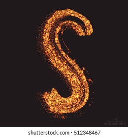 Vector grungy font 001. Letter S. Abstract bright golden shimmer glowing round particles vector background. Scatter shine tinsel light effect. Hand made grunge shape design element