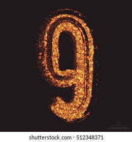 Vector grungy font 001. Number 9. Abstract bright golden shimmer glowing round particles vector background. Scatter shine tinsel light effect. Hand made grunge shape design element