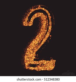 Vector grungy font 001. Number 2. Abstract bright golden shimmer glowing round particles vector background. Scatter shine tinsel light effect. Hand made grunge shape design element