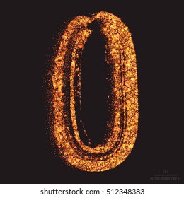 Vector grungy font 001. Number 0. Abstract bright golden shimmer glowing round particles vector background. Scatter shine tinsel light effect. Hand made grunge shape design element