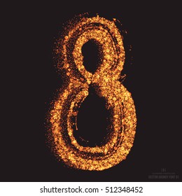 Vector grungy font 001. Number 8. Abstract bright golden shimmer glowing round particles vector background. Scatter shine tinsel light effect. Hand made grunge shape design element