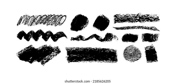 Vector grungy graphite pencil lines, charcoal strokes. Horizontal straight dry lines with circles and doodles. Hand drawn charcoal thick stripes. Dry black smears. Black vector grunge texture