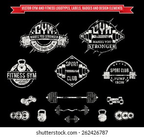 Vector Grungy Gym and Fitness Logotypes, Labels, Badges and Design Elements