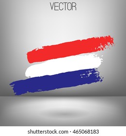 Vector grungy illustration. Netherlands flag painted with dry brush. Hand painted flag. Blue, white and red paint strokes. 