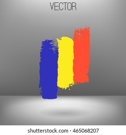 Vector grungy illustration. Romania flag painted with dry brush. Hand painted flag. Blue, yellow and red paint strokes. 