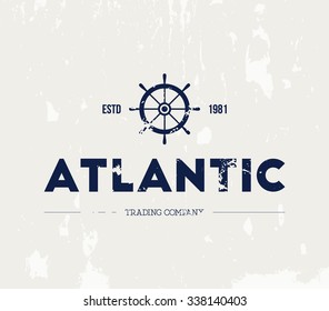 Vector grungy nautic logo template over textured background. Retro vintage design, hipster style. Brand, branding, logotype, company, identity