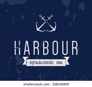 Vector grungy nautic logo template over textured background. Retro vintage design, hipster style. Brand, branding, logotype, company, identity