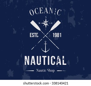 Vector grungy nautic logo template over textured background. Retro vintage design, hipster style. Brand, branding, logotype, company, identity