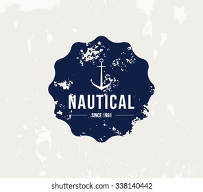 Vector grungy nautic logo template over textured background. Retro vintage design, hipster style. Brand, branding, logotype, company, identity