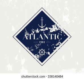 Vector grungy nautic logo template over textured background. Retro vintage design, hipster style. Brand, branding, logotype, company, identity
