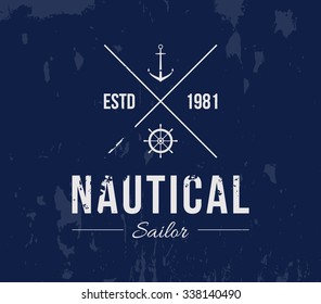 Vector grungy nautic logo template over textured background. Retro vintage design, hipster style. Brand, branding, logotype, company, identity