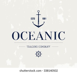 Vector grungy nautic logo template over textured background. Retro vintage design, hipster style. Brand, branding, logotype, company, identity