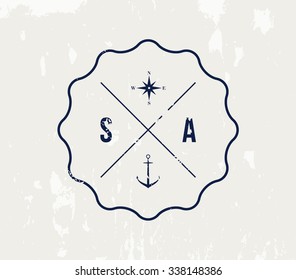 Vector grungy nautic logo template over textured background. Retro vintage design, hipster style. Brand, branding, logotype, company, identity