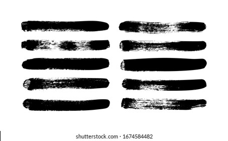 Vector grungy paint brush strokes collection. Calligraphy straight smears, stamp, lines. Hand drawn ink illustration isolated on white background. Vector black paint, ink brush stroke, line or texture