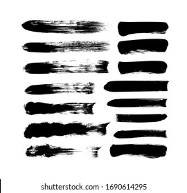 Vector grungy paint brush strokes collection. Calligraphy straight smears, stamp, lines. Hand drawn ink illustration isolated on white background. Vector black paint, ink brush stroke, line or texture