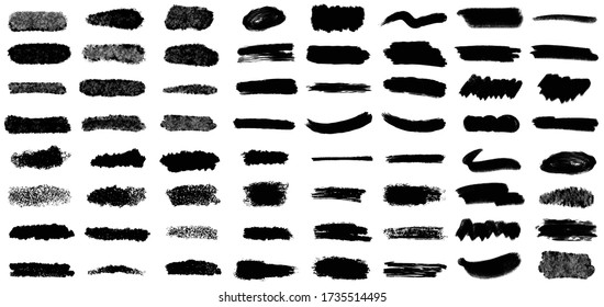Vector grungy paint brush strokes collection. Calligraphy straight smears, stamp, lines. Hand drawn ink illustration isolated on white background. Vector black paint, ink brush stroke, line or texture