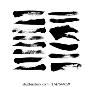 Vector grungy paint brush strokes collection. Calligraphy straight smears, stamp, lines. Hand drawn ink illustration isolated on white background. Vector black paint, ink brush stroke, line or texture