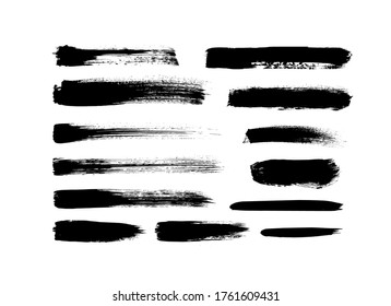 Colección de trazos de pincel de pintura grises vectoriales. Caligrafía: frotis recta, sello, líneas. Ilustración de tinta dibujada a mano aislada en fondo blanco. Pintura negra vectorial, trazo de pincel de tinta, línea o textura