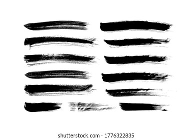 Vector grungy paint brush strokes collection. Calligraphy straight smears, stamp, lines. Hand drawn ink illustration isolated on white background. Vector black paint, ink brush stroke, line or texture