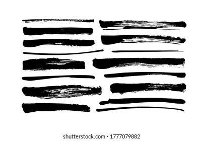 Vector grungy paint brush strokes collection. Calligraphy straight smears, stamp, lines. Hand drawn ink illustration isolated on white background. Vector black paint, ink brush stroke, line or texture