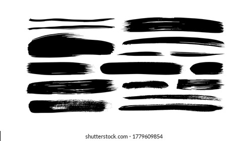 Vector grungy paint brush strokes collection. Calligraphy straight smears, stamp, lines. Hand drawn ink illustration isolated on white background. Vector black paint, ink brush stroke, line or texture