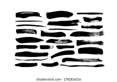 Vector grungy paint brush strokes collection. Calligraphy straight smears, stamp, lines. Hand drawn ink illustration isolated on white background. Vector black paint, ink brush stroke, line or texture