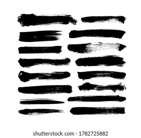 Vector grungy paint brush strokes collection. Calligraphy straight smears, stamp, lines. Hand drawn ink illustration isolated on white background. Vector black paint, ink brush stroke, line or texture