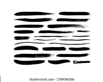 Colección de trazos de pincel de pintura grises vectoriales. Caligrafía: frotis recta, sello, líneas. Ilustración de tinta dibujada a mano aislada en fondo blanco. Pintura negra vectorial, trazo de pincel de tinta, línea o textura