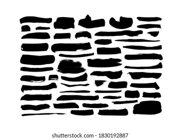 Colección de trazos de pincel de pintura grises vectoriales. Caligrafía: frotis recta, sello, líneas. Ilustración de tinta dibujada a mano aislada en fondo blanco. Pintura negra vectorial, trazo de pincel de tinta, línea o textura