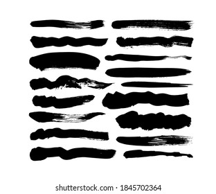 Vector grungy paint brush strokes collection. Calligraphy straight smears, stamp, lines. Hand drawn ink illustration isolated on white background. Vector black paint, ink brush stroke, line or texture