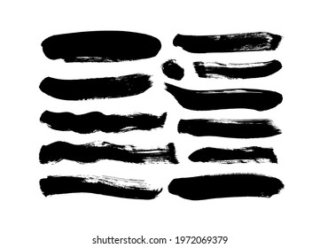 Vector grungy paint brush strokes collection. Calligraphy straight smears, stamp, lines. Hand drawn ink illustration isolated on white background. Vector black paint, ink brush stroke, line or texture