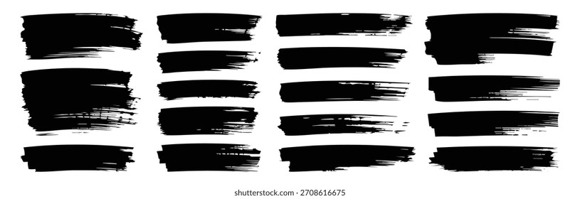 Vektorgrau Pinselstriche Sammlung. Kalligrafie gerade Abstriche, Stempel, Linien. Handgezeichnete dicke Grunge-Linien und Rechteck Formen modernen Grunge.