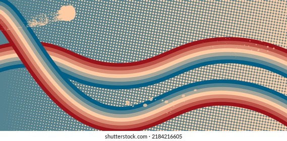 Vector grungy retro halftone background in 70s, 80s style design with colorful stripes poster illustration.