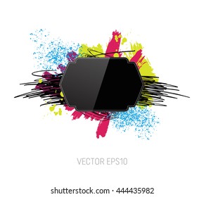 Vector grungy scribble banner  with paint brush strokes and splatter, spray paint, drops. Glossy retro badge