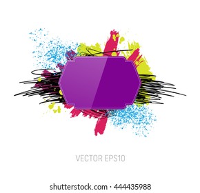 Vector grungy scribble banner  with paint brush strokes and splatter, spray paint, drops. Glossy retro badge