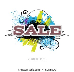 Vector grungy scribble banner with paint brush strokes and splatter, spray paint, drops. Sale. Stitched typography