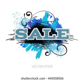 Vector grungy scribble banner with paint brush strokes and splatter, spray paint, drops. Sale. Stitched typography