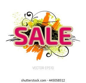 Vector grungy scribble banner with paint brush strokes and splatter, spray paint, drops. Sale. Stitched typography