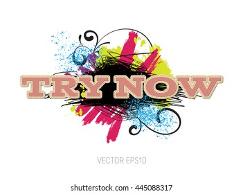 Vector grungy scribble banner with paint brush strokes and splatter, spray paint, drops. Stitched typography. Try now