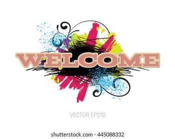 Vector grungy scribble banner with paint brush strokes and splatter, spray paint, drops. Stitched typography. Welcome