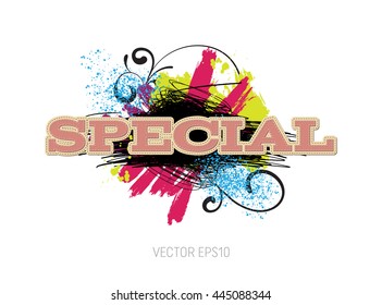 Vector grungy scribble banner with paint brush strokes and splatter, spray paint, drops. Stitched typography. Special
