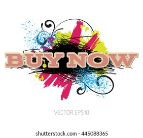 Vector grungy scribble banner with paint brush strokes and splatter, spray paint, drops. Stitched typography. Buy now