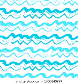 Vector grungy seamless pattern with hand drawn blue wavesisolated on the white background. Brush strokes texture.