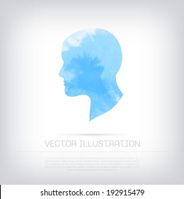 Vector grungy textured blue watercolor human head icon