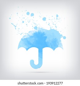 Vector grungy textured hand painted watercolor blue umbrella icon with paint stains and blots. 